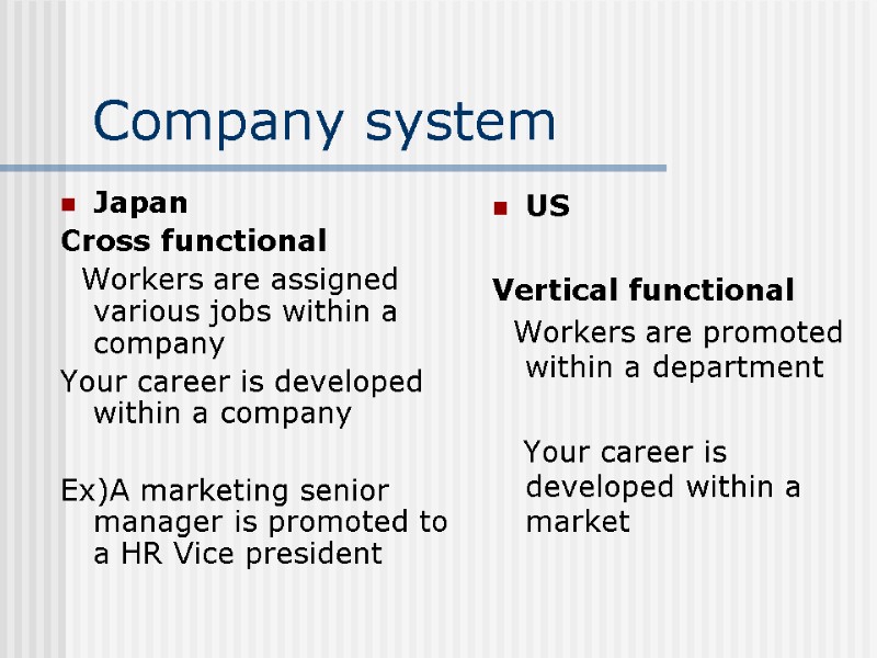 Company system Japan Cross functional   Workers are assigned various jobs within a